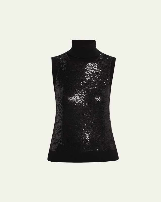 Sequined Sleeveless Cashmere Turtleneck